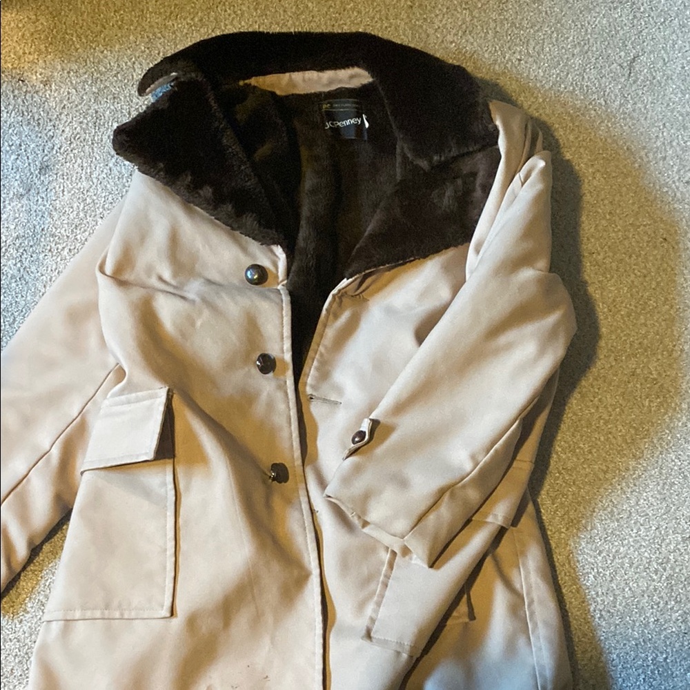 JCPenney Cream and Brown Trench Coat with Plush Collar